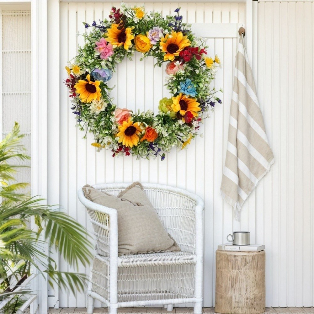 Yellow Plastic Flower Wreath 35cm x 35cm Lightweight Wall Hanging Item