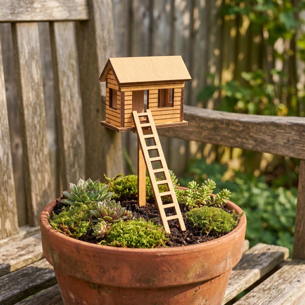 Wooden Mini Treehouse: Miniature Fairy Garden House for Plant Pots, Terrariums