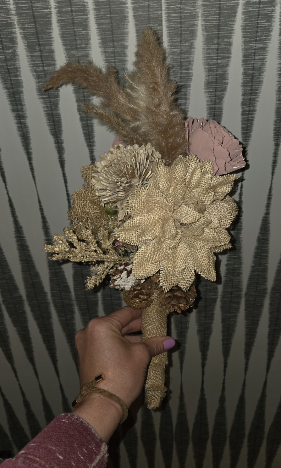 Boho Dried Floral Bouquet Rustic Burlap & Pampas Sola Wood Flowers Home Decor