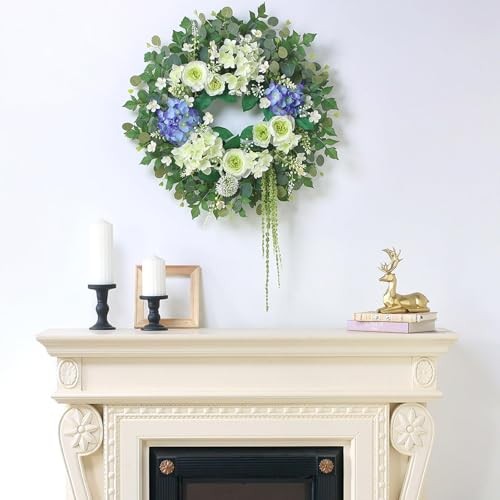 26″ Hydrangea & Eucalyptus Wreath for Front Door, Porch, Window – Large