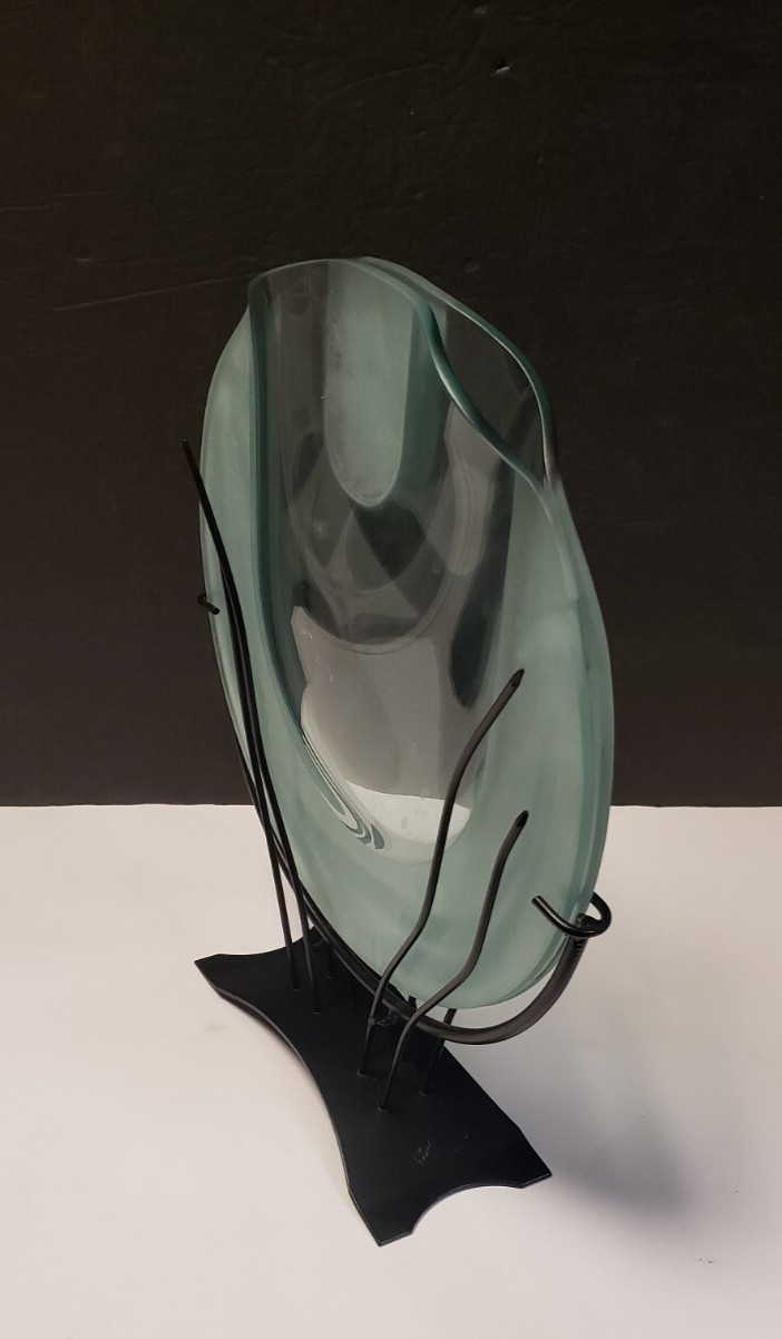 Vintage Clear Art Glass Flower Vase with Black Metal Stand – Decorative Vase