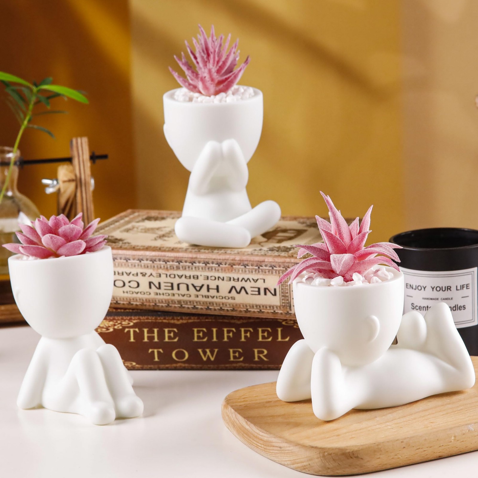 Der Rose 3 Pcs Fake Succulents Plants Artificial Pink Room Office Desk Decor…