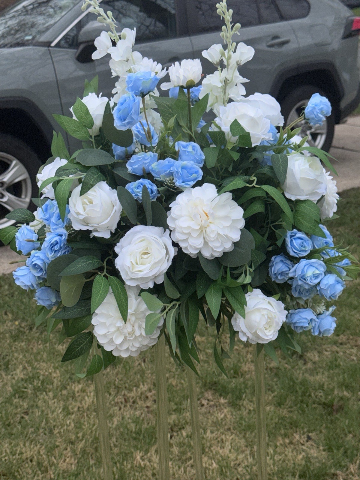 Artificial White and Blue Rose Flower Arrangement with Greenery