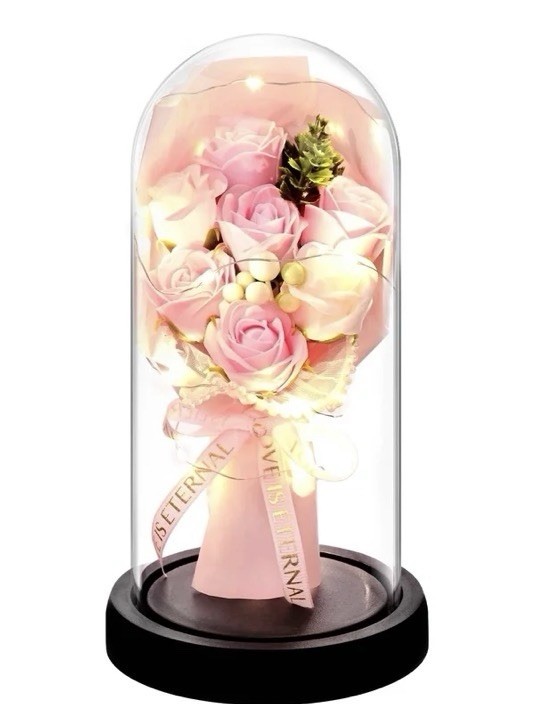 Artificial Pink Rose Bouquet Under Glass Dome w/ LED Lights 8.19in