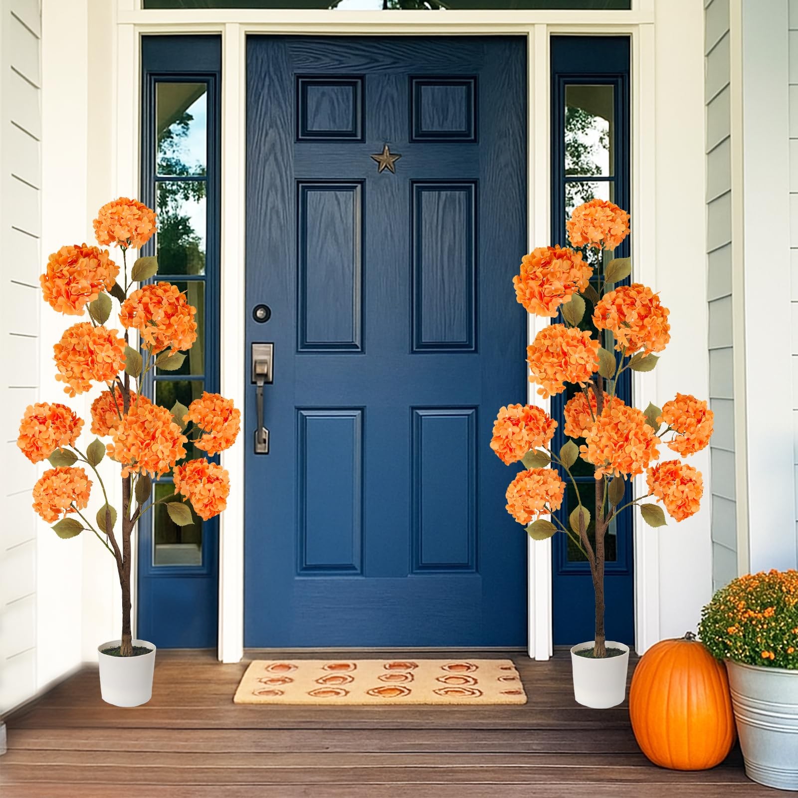 Artificial Hydrangea Tree, Fall Tree for Outdoor Indoor Porch Entryway, Orang…