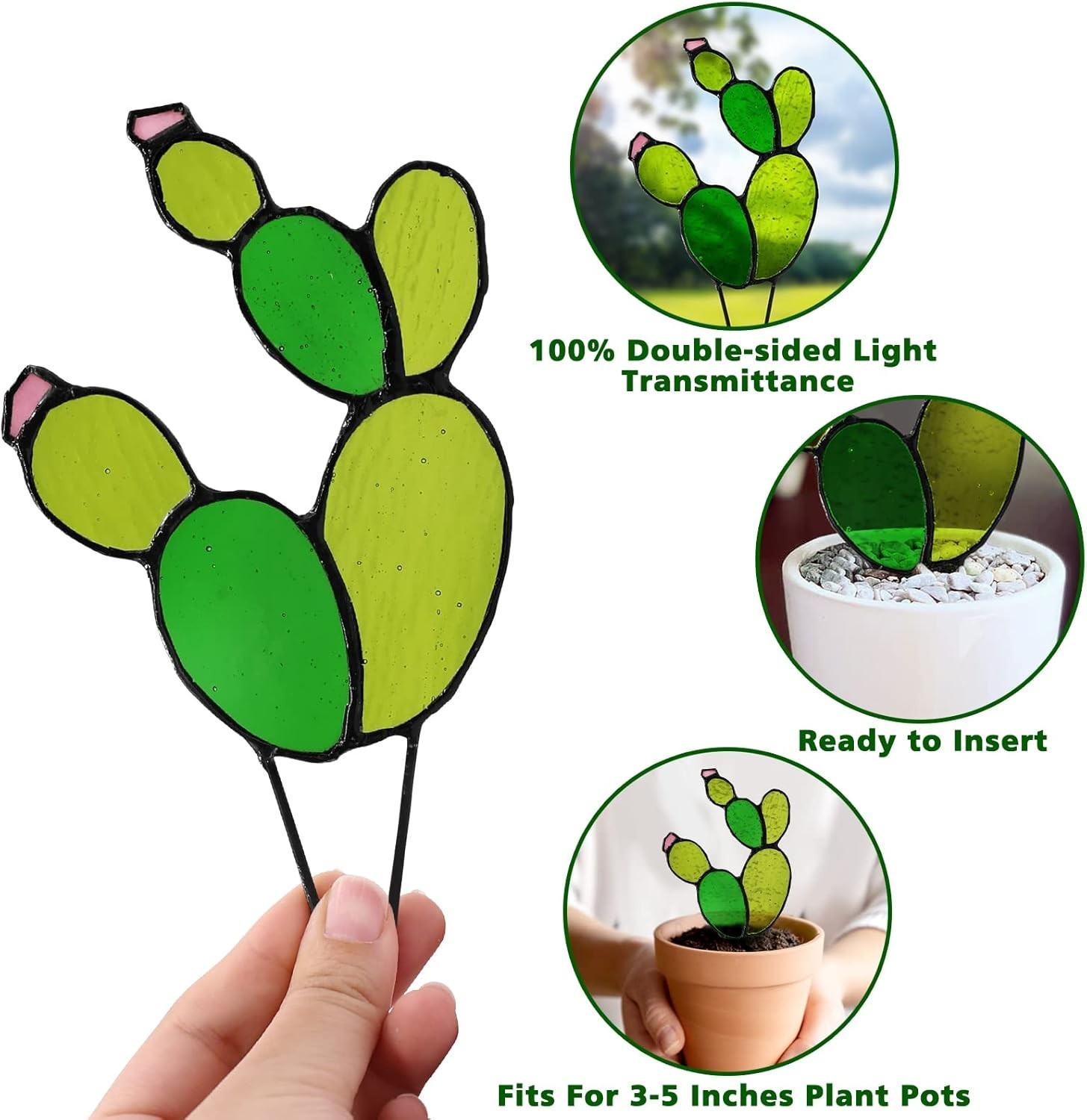 Mini Cactus Stained Glass Suncatcher for Indoor Outdoor Decor Green Pink
