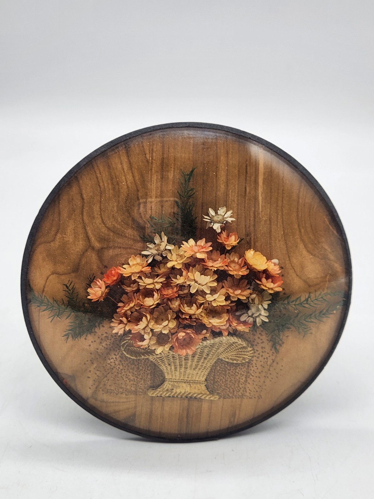 Vintage Dried Flower Basket Convex Bubble Glass Picture Frame Wall Art 4.5″
