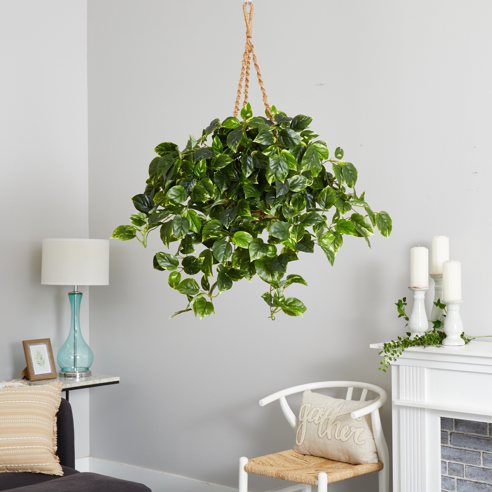 36″ Pothos Artificial Plant in Hanging Basket UV (Indoor/Outdoor). Retail $106