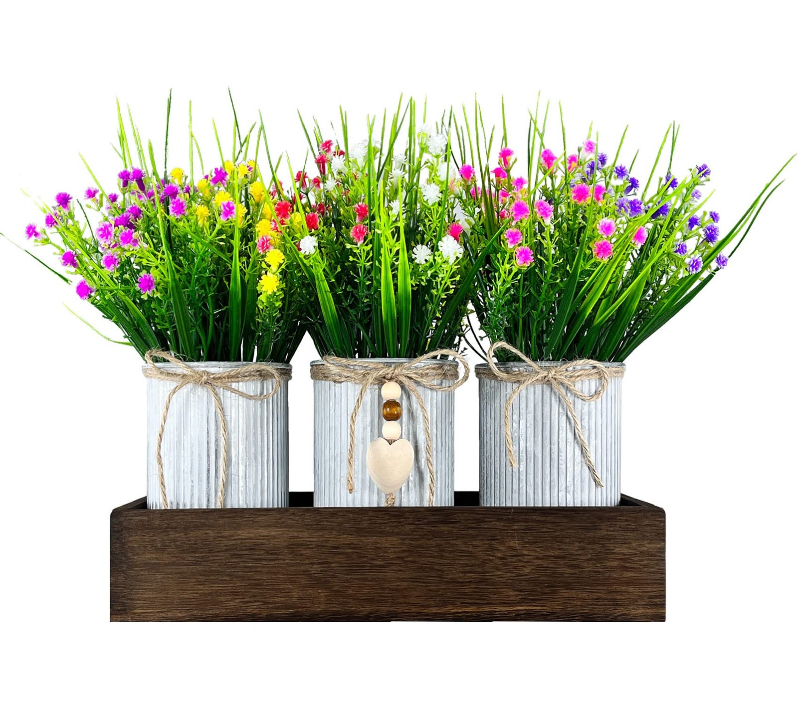 Gypsophila Baby’s Breath Artificial Flowers in Rustic Metal Pots and Wood Tra…