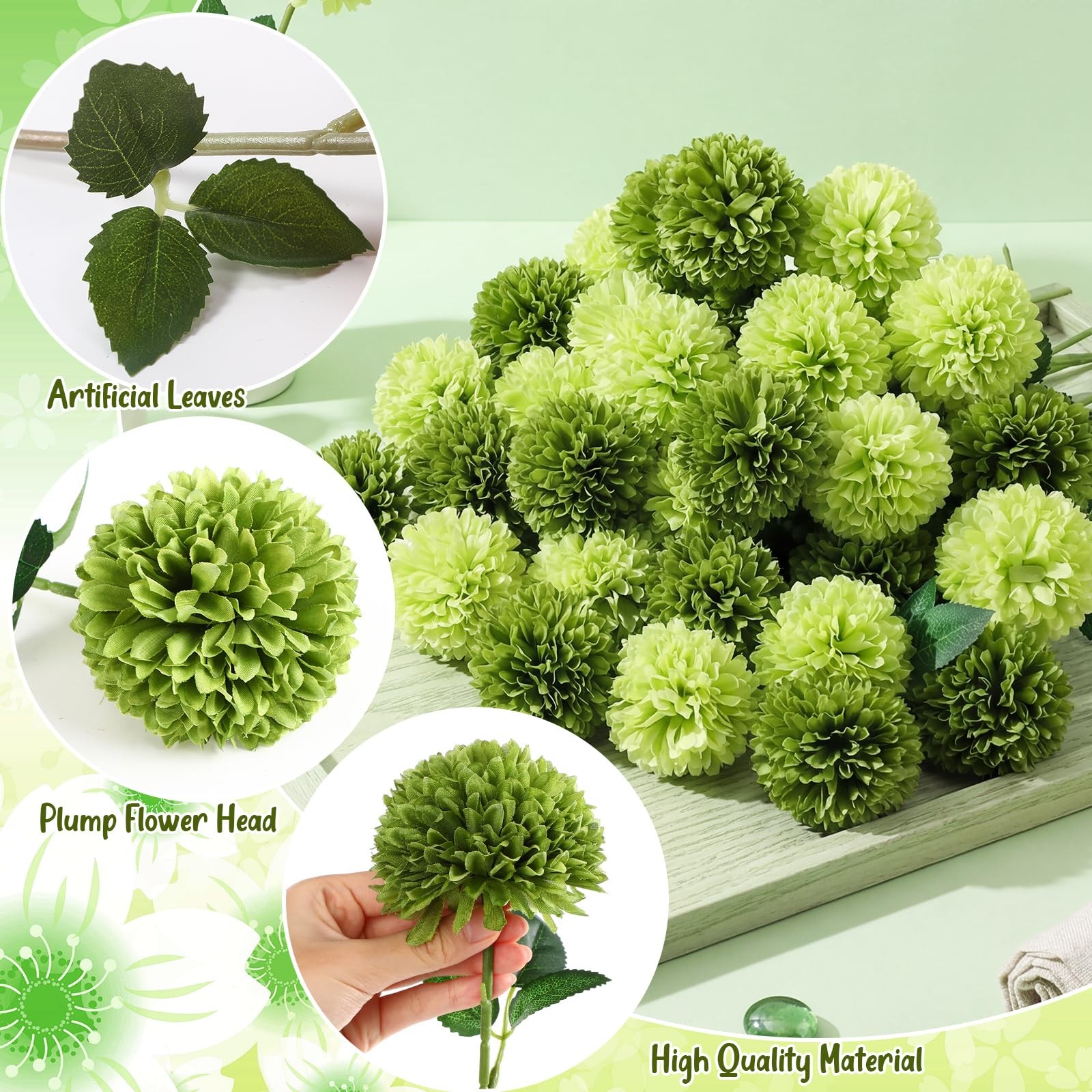 36 Pcs Green Artificial Chrysanthemum Flowers 3.3″ Diameter Faux Bouquet Silk…