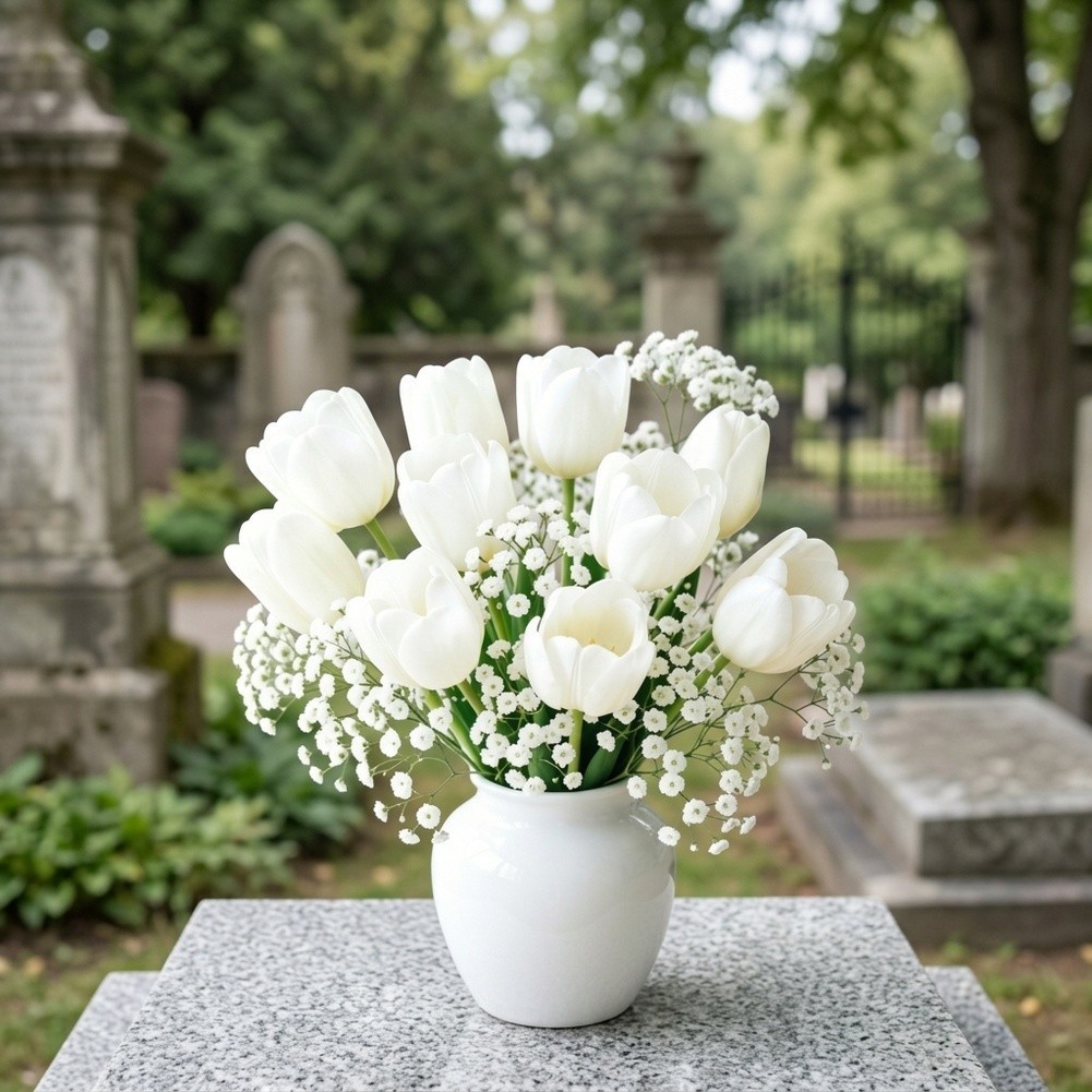 White Plastic Flower Bouquet 20 Stems with 10 Baby’s Breath 35cm 13.77in