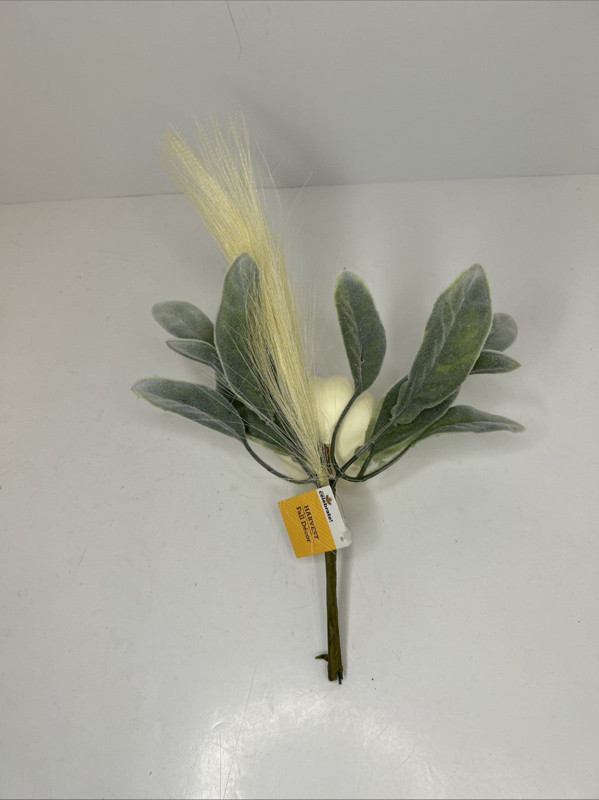 10 Artificial Fall Pumpkin Floral Pick W/Faux Lambs Ear & Feather Grass