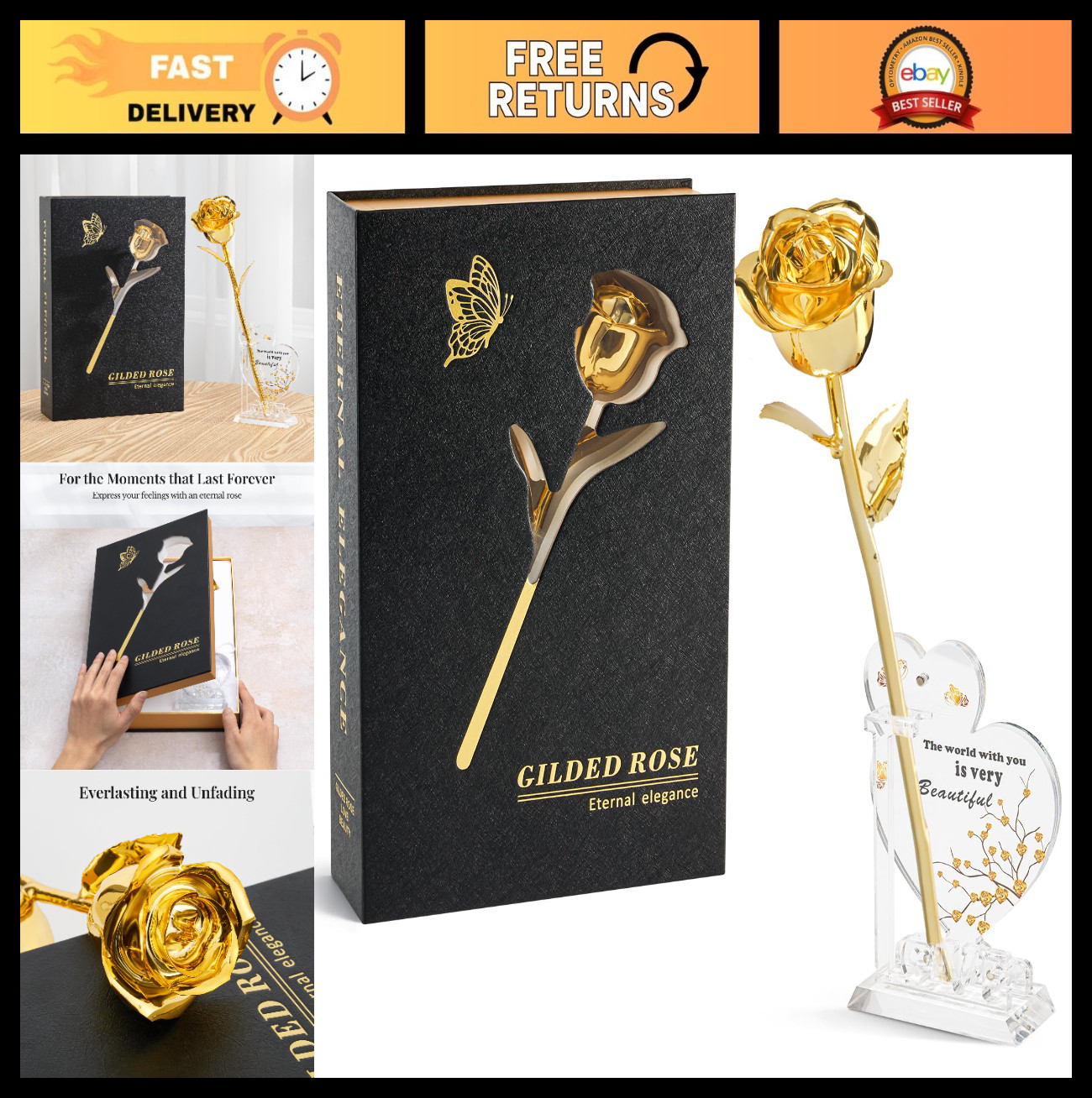 Eternal 24K Gold Dipped Rose Gift Set with Acrylic Butterfly Base & Luxury Box –