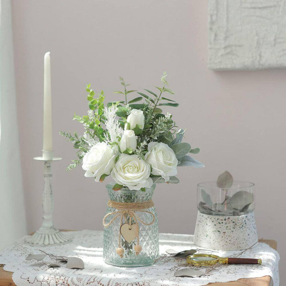 Faux Flowers with Vase 14.5 In. White Artificial Silk Roses Eucalyptus Flower Ar