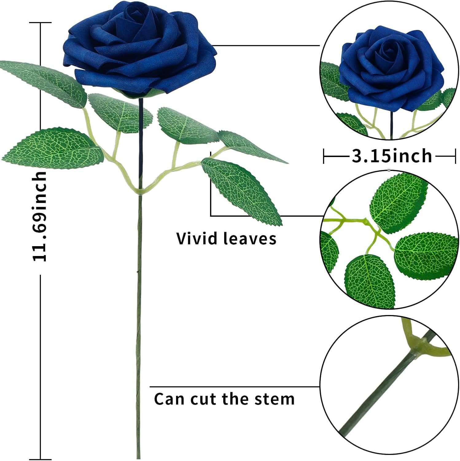 [25PCS] Navy Blue Roses Artificial Flowers with Long Stem Real Touch Fake Foam R