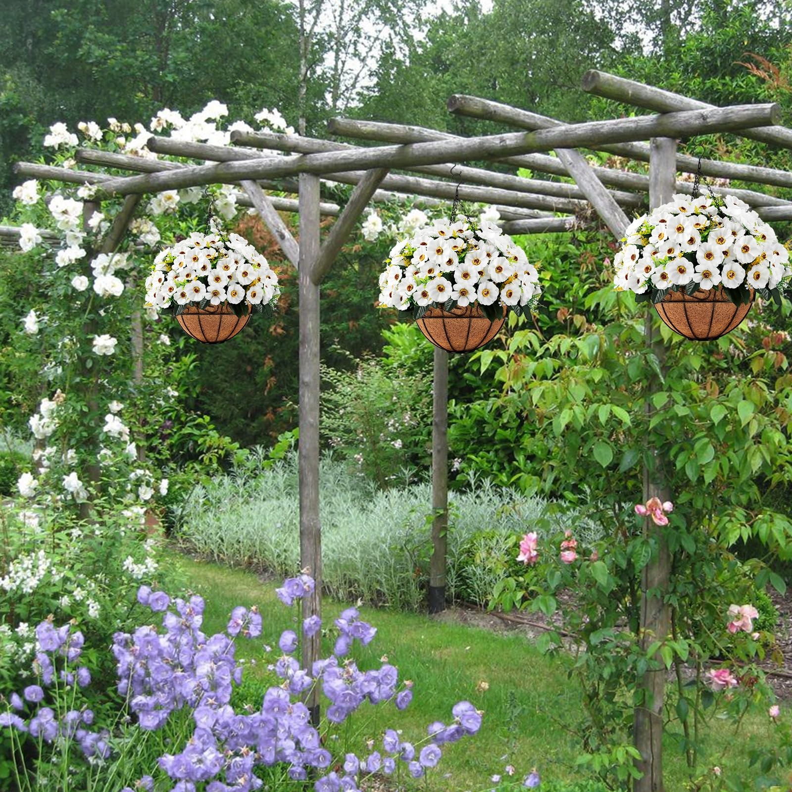 Artificial Hanging Flowers with Basket, Fake Silk Hanging Flowers in Coconut …