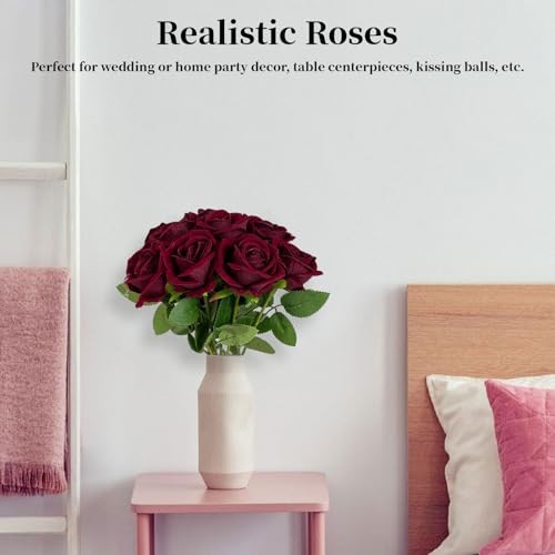 10 PCS Artificial Roses with Long Stems Silk Flowers Realistic Foam Wine Red