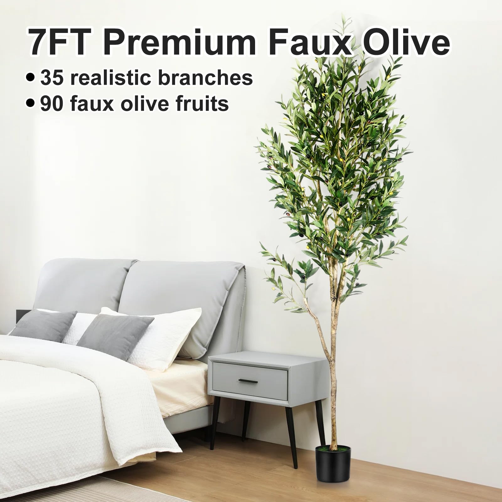 7FT Olive Tree Artificial Indoor – Tall Faux Olive Tree with Wood Trunk and L…