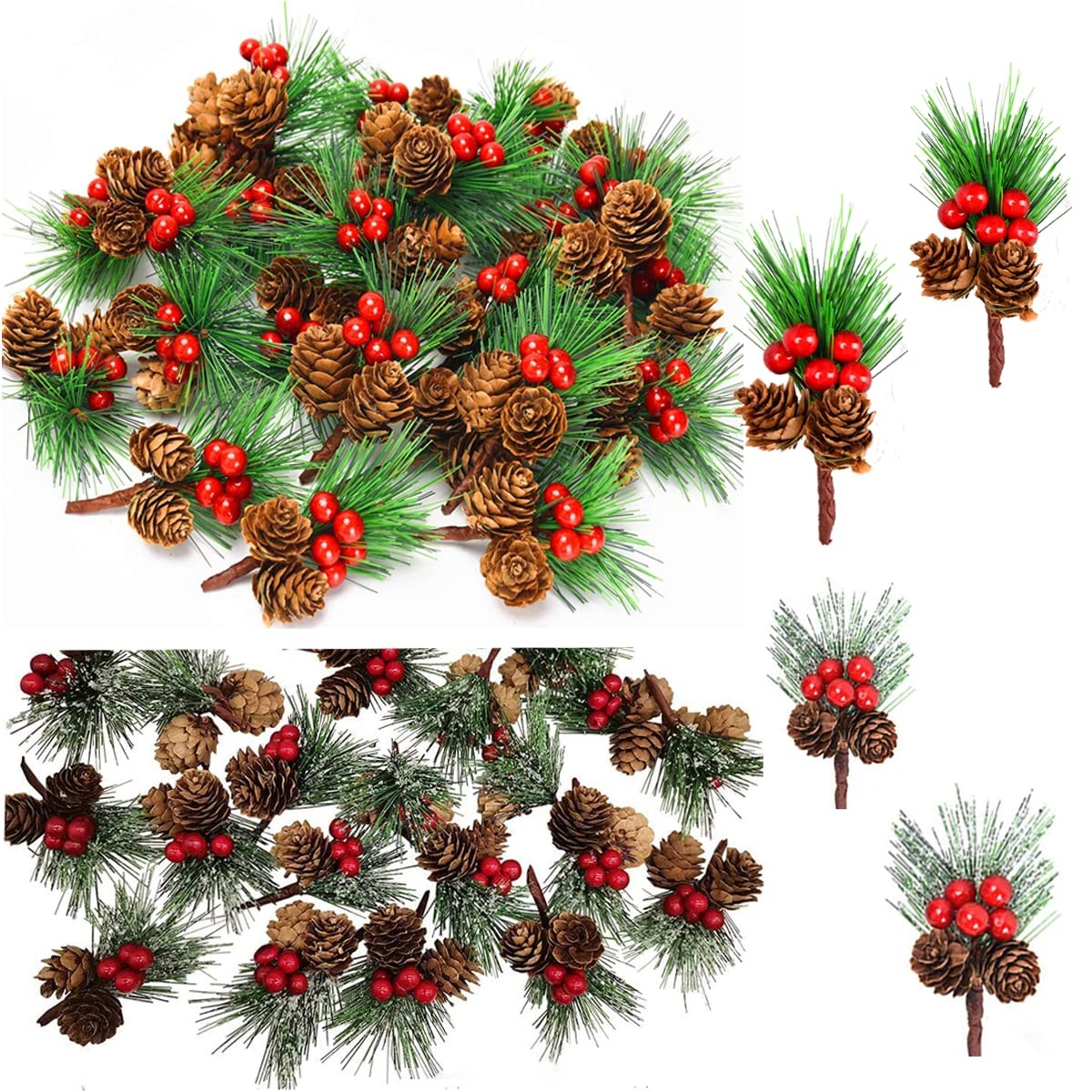 20 Pcs Artificial Pine Picks, Christmas Cone Picks Red Berry Stems, Green Pin…