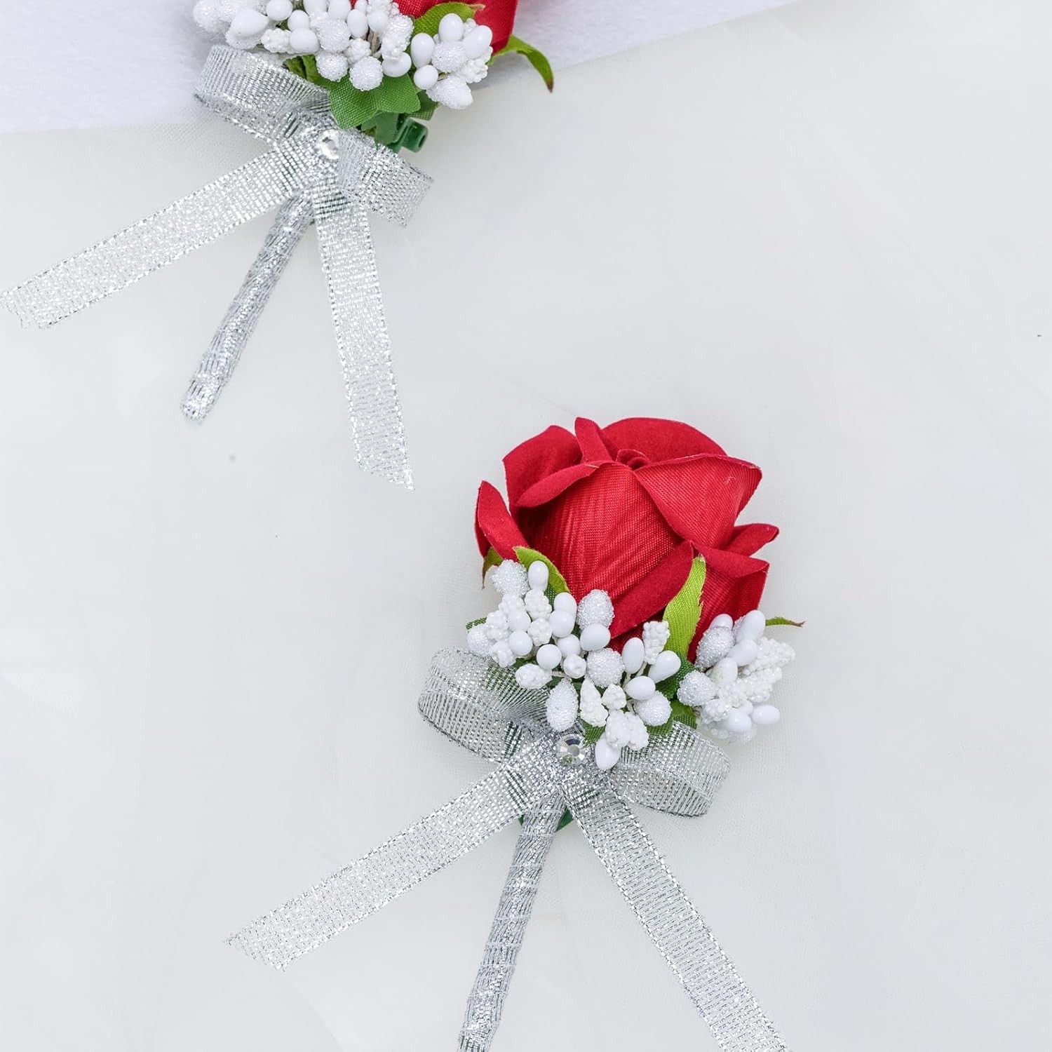 Red Rose Boutonniere Set of 2 Artificial Flowers Wedding Prom Party