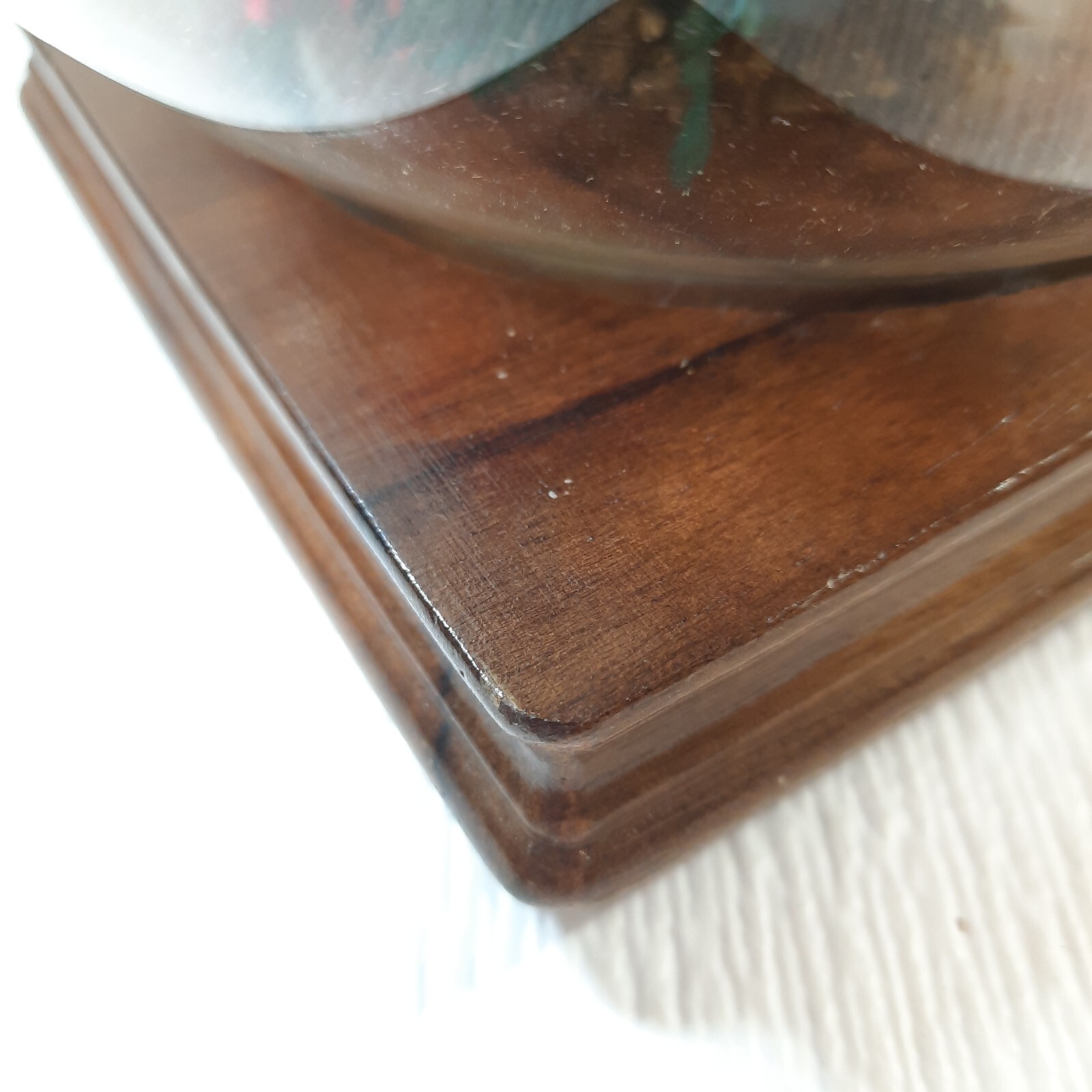 Vintage Floral glass globe terrarium wood base red poinsettia flower centerpiece