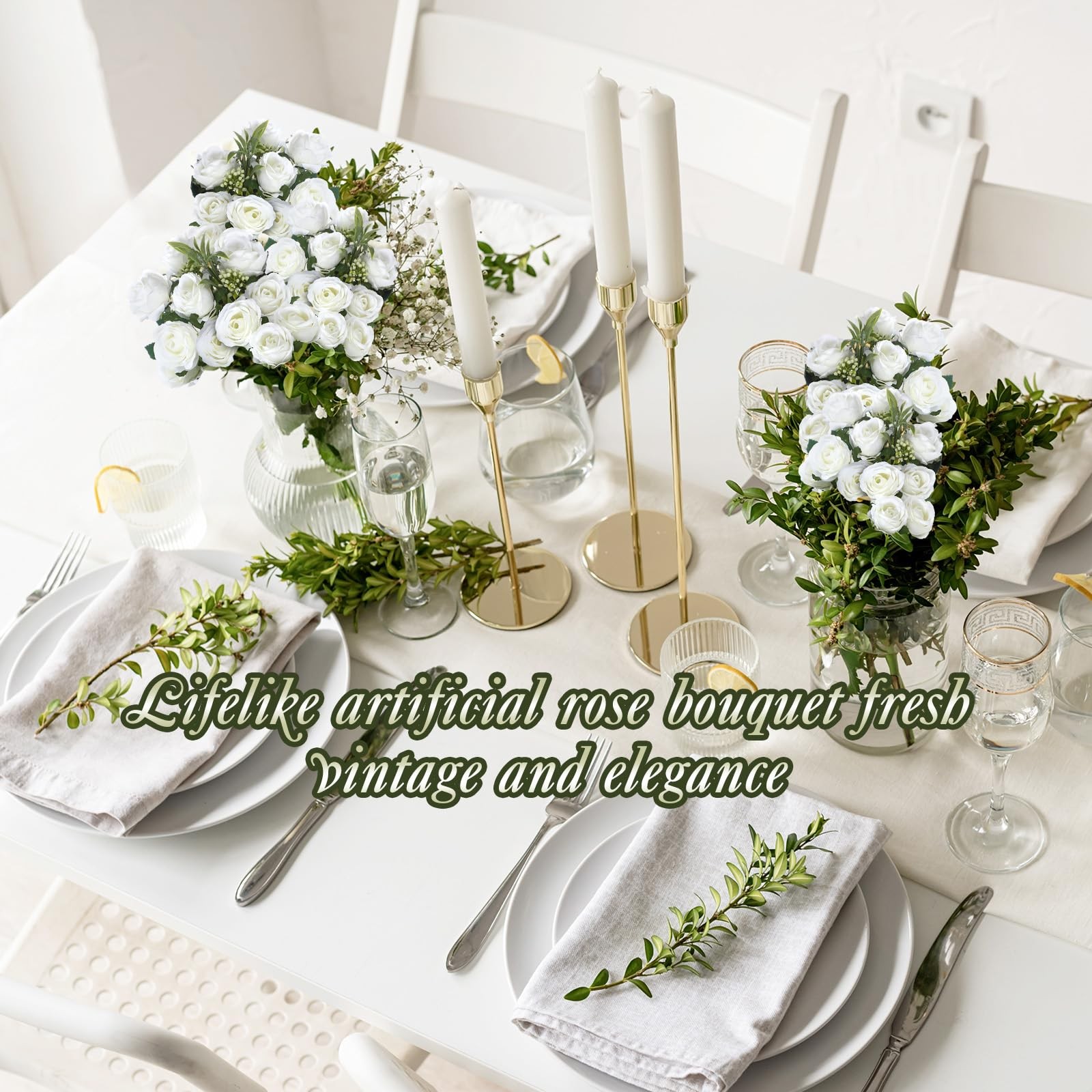 16 Bunches 12 Inch White Artificial Mini Rose Bouquet 160 Heads Fake Silk