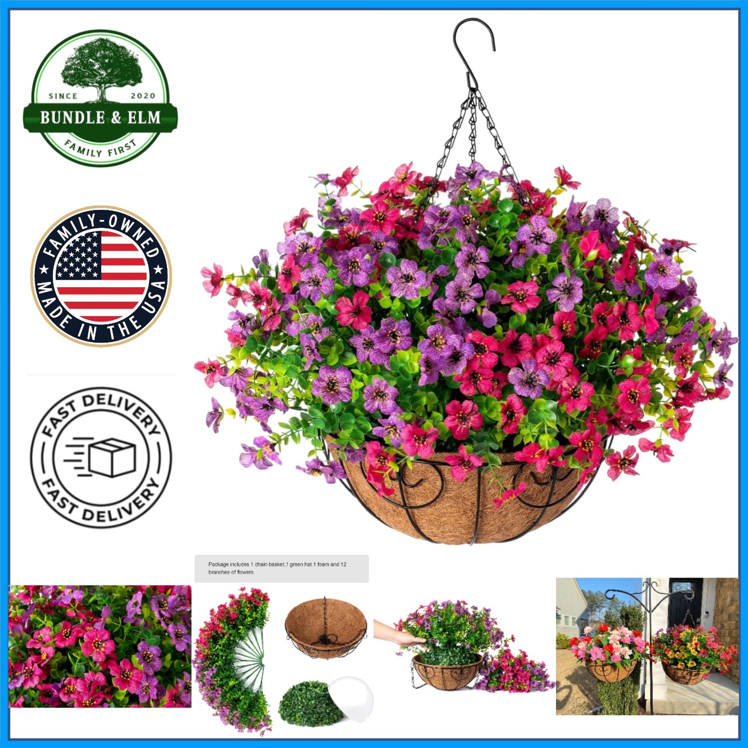 Faux Hanging Flower Basket with Colorful Daisy and Eucalyptus for Outdoor Decor