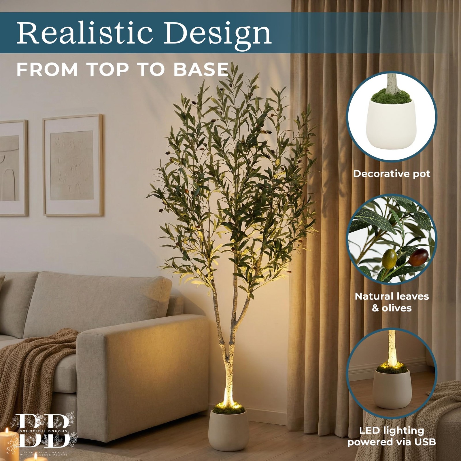 6ft (180 cm) Artificial Olive Tree with White Pot, Moss & USB LED – 943 Leave…