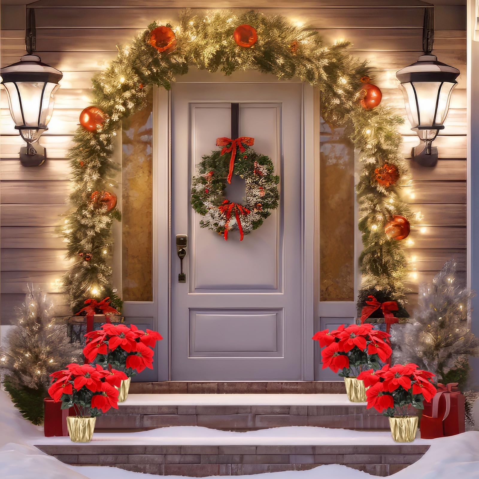 2 Sets 18.5″ Christmas Poinsettia Artificial Flowers Potted with Gold Pot Bag…
