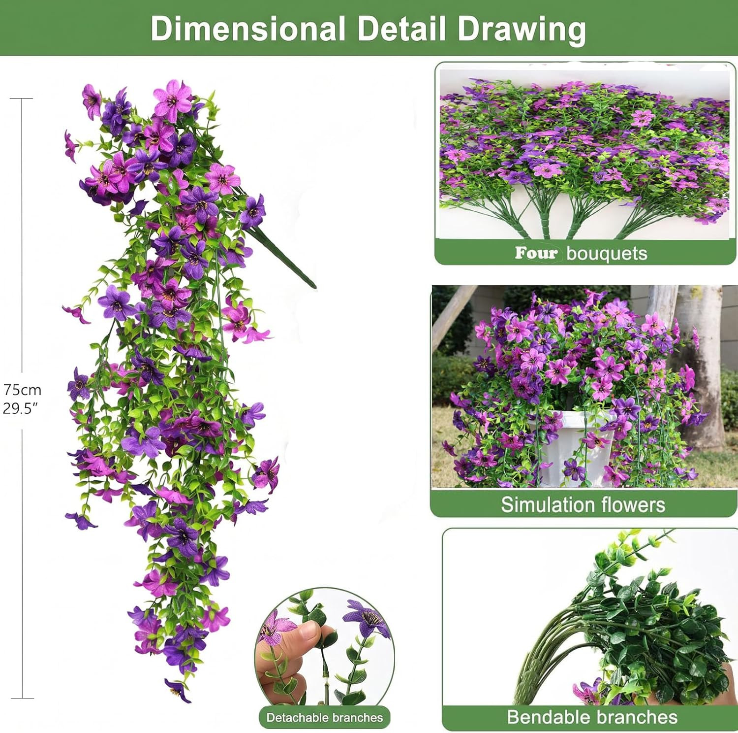 Artificial Hanging Flowers for Outdoors, 4 Pack Fake Hanging Plant for Spring Su
