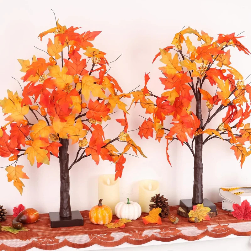Fall Maple Tree with 48 LEDs Battery Operated Light Up Artificial Pumpkins Maple