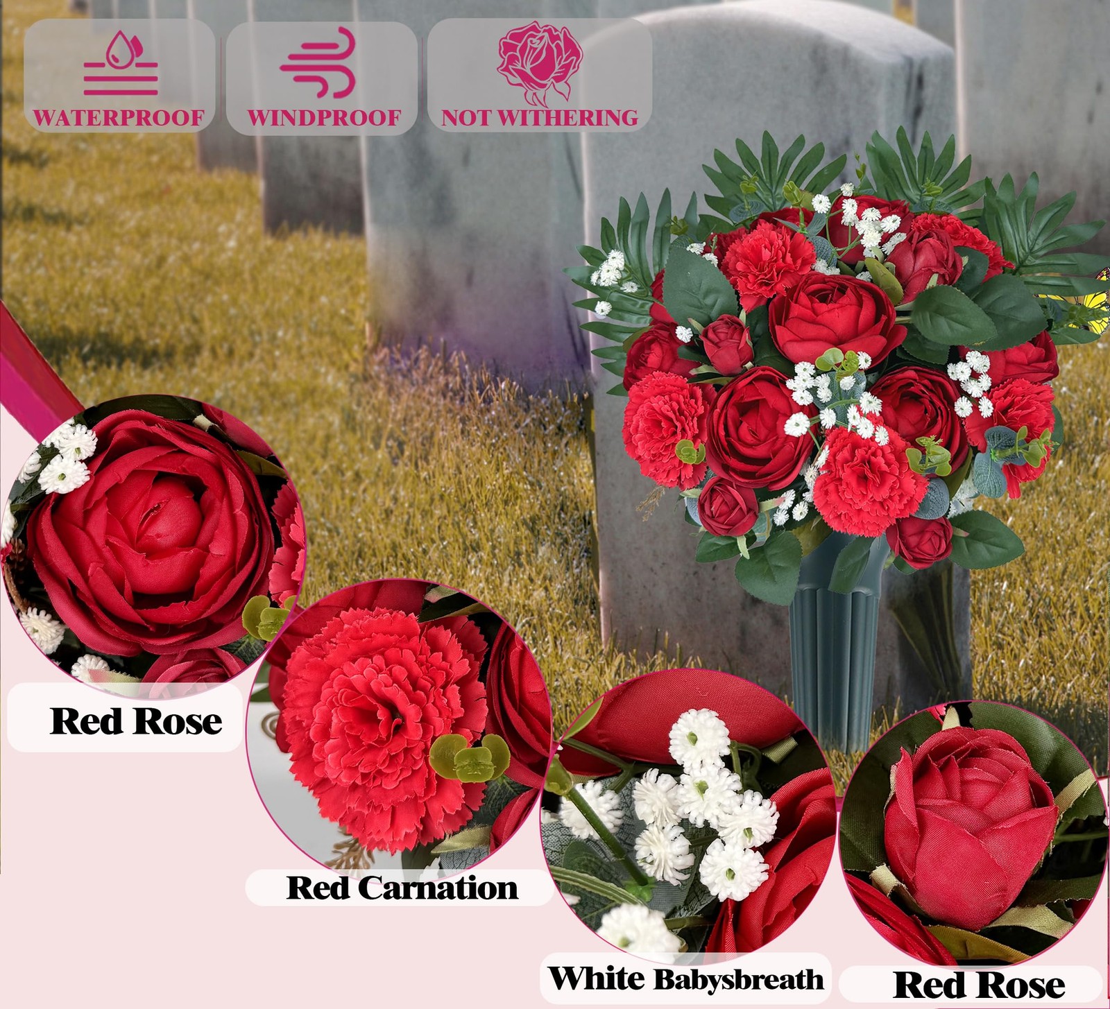 Artificial Cemetery Flowers with Vase for Grave Decorations,Rose Camellia Car…