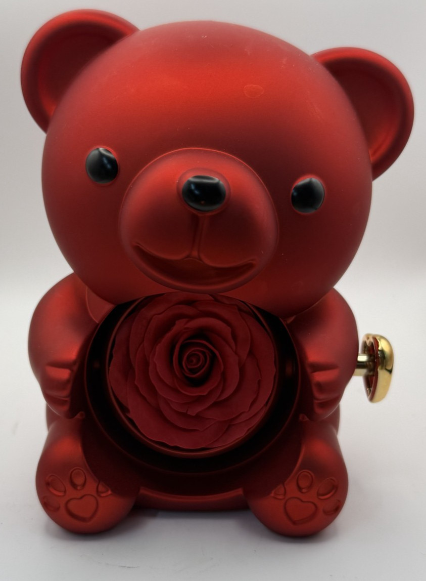Real Preserved Rose Teddy Bear with Jewelry Compartment