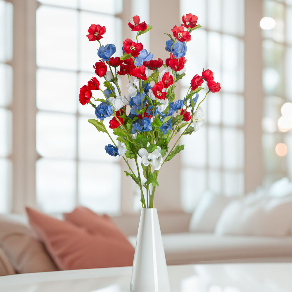 Set of 2 Red, White and Blue Patriotic Soft Poly Silk Cosmos 22″ Floral Bushes