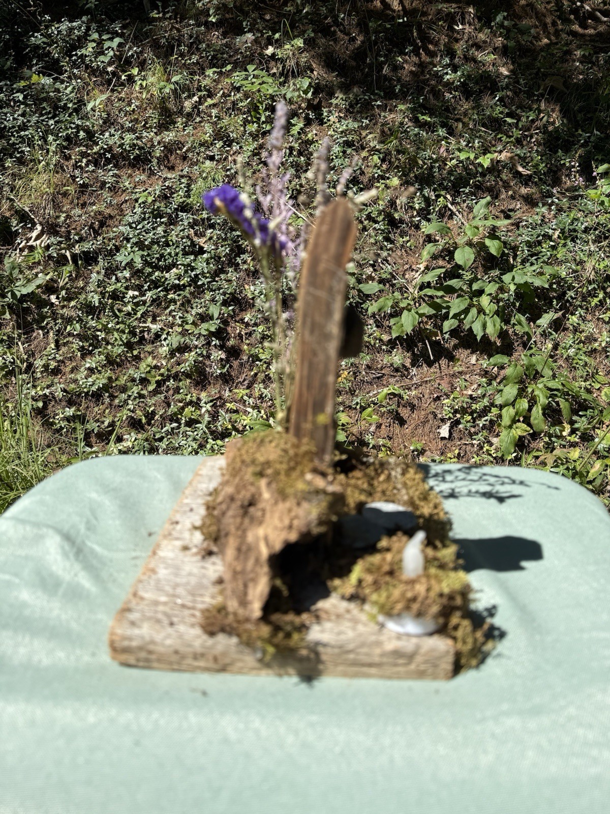 Fairy Door Forest Arrangement With Dried Flowers, Stepping Stones And Candle