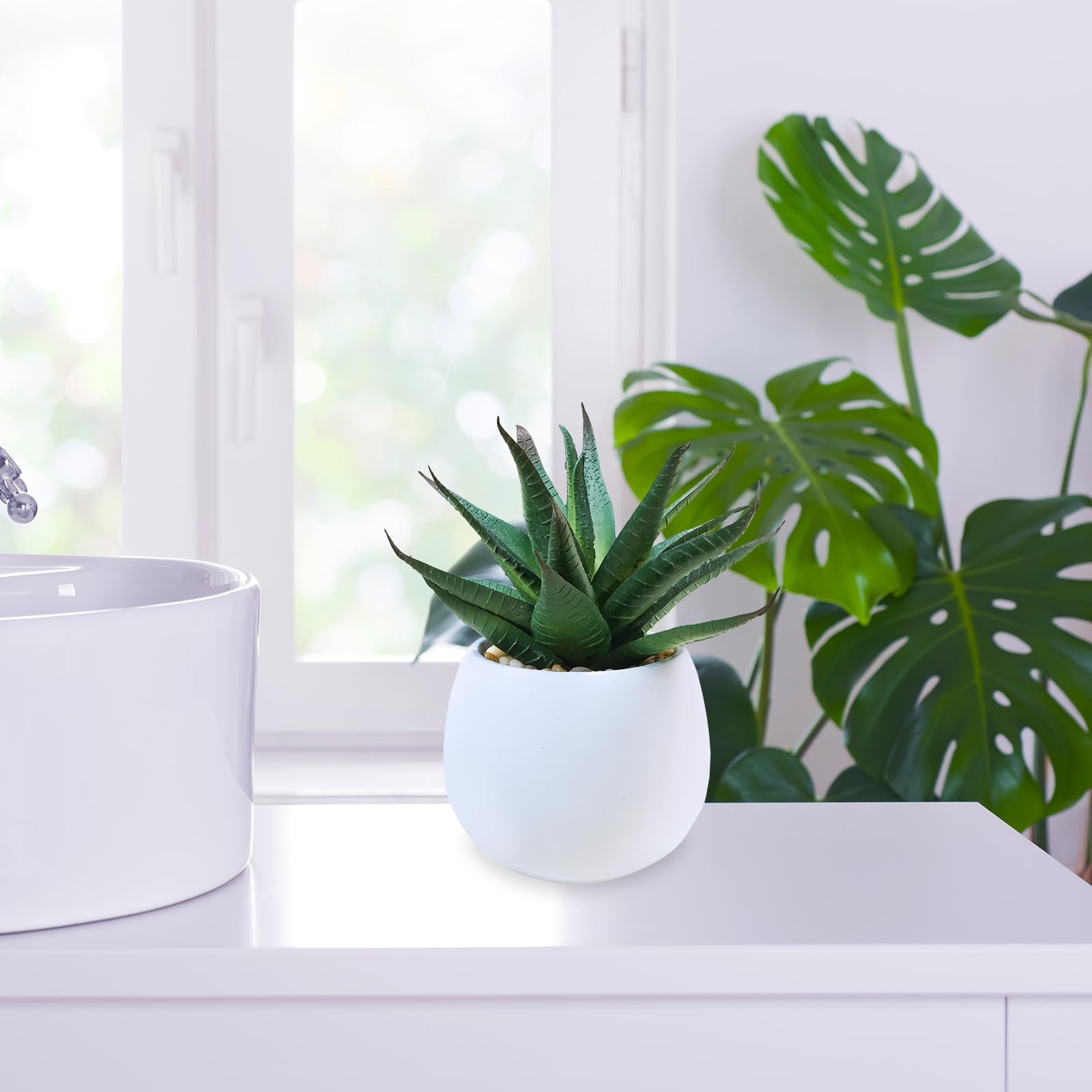 Artificial Succulent Plants in White Concrete Pots Faux Potted Set Of 3