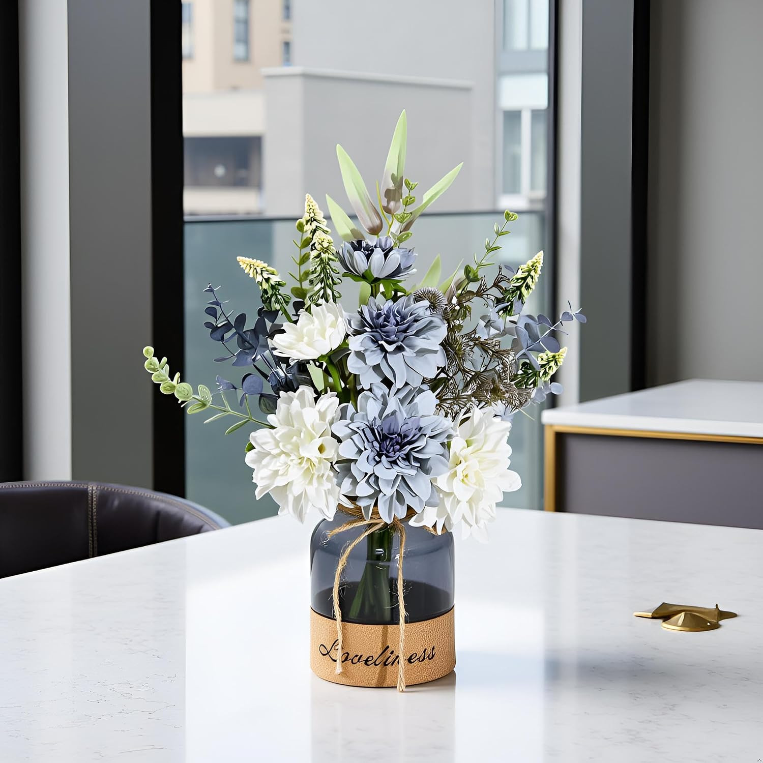 Silk Dahlia Flower Arrangement in Vase for Home, Office & Kitchen Decor