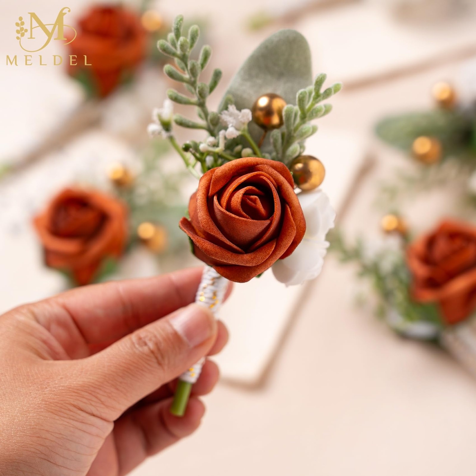 Burnt Orange Boutonniere Men Wedding Groom Groomsman Prom Anniversary 6 PCS
