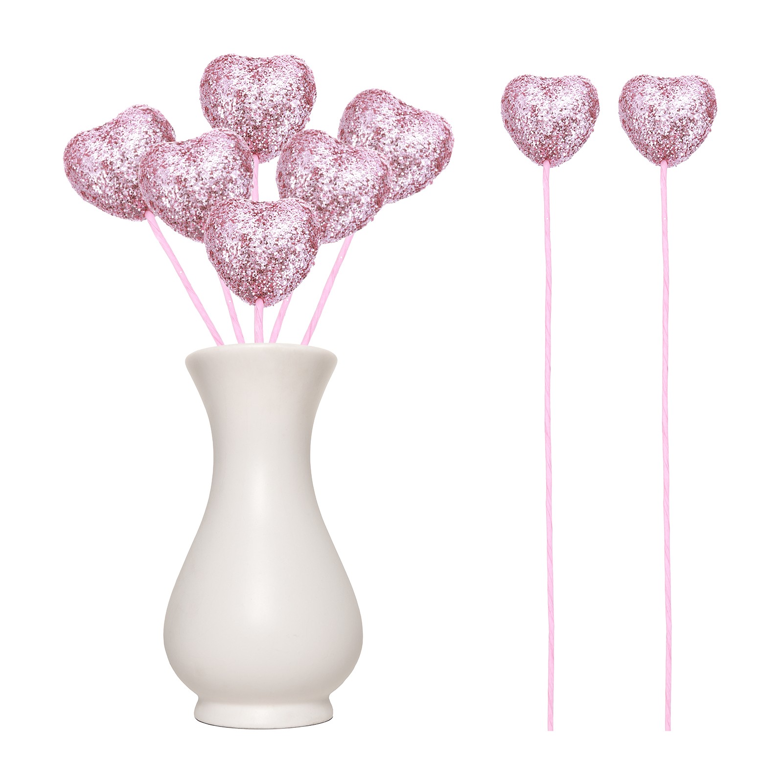 6 Pcs Glitter Heart Shaped Picks Puffy Foam Hearts Stick (Pink, 3cm x 21cm)