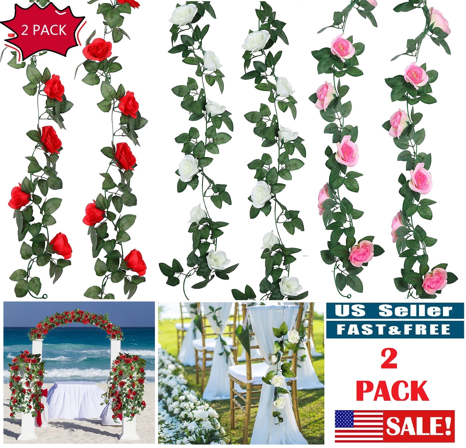 2 Pack 7.5 Ft Fake Rose Vine Flowers Plants Artificial Hanging Ivy Home Party US