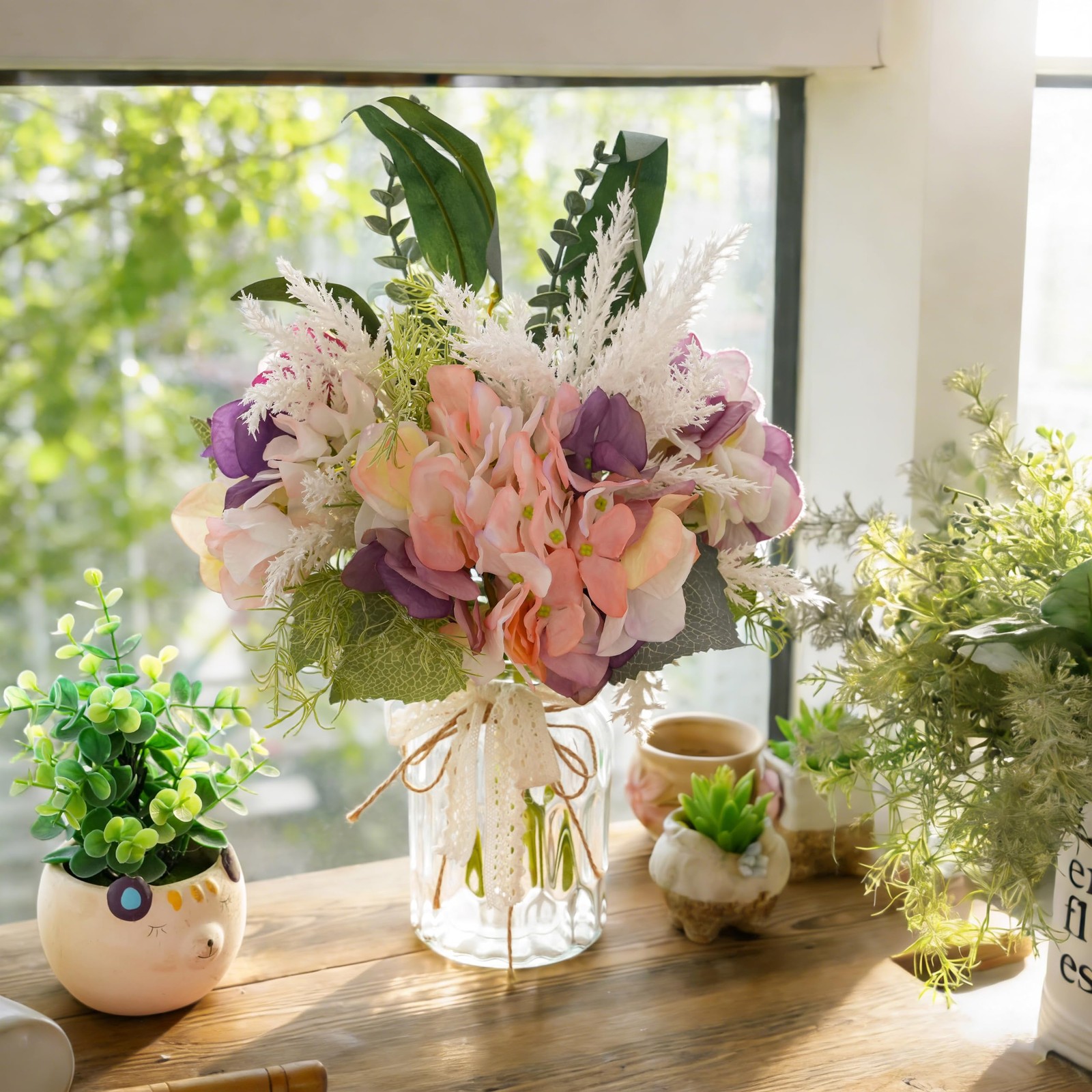 Fake Flowers with Vase, Artificial Pink & Purple Hydrangea Arrangement, Sprin…