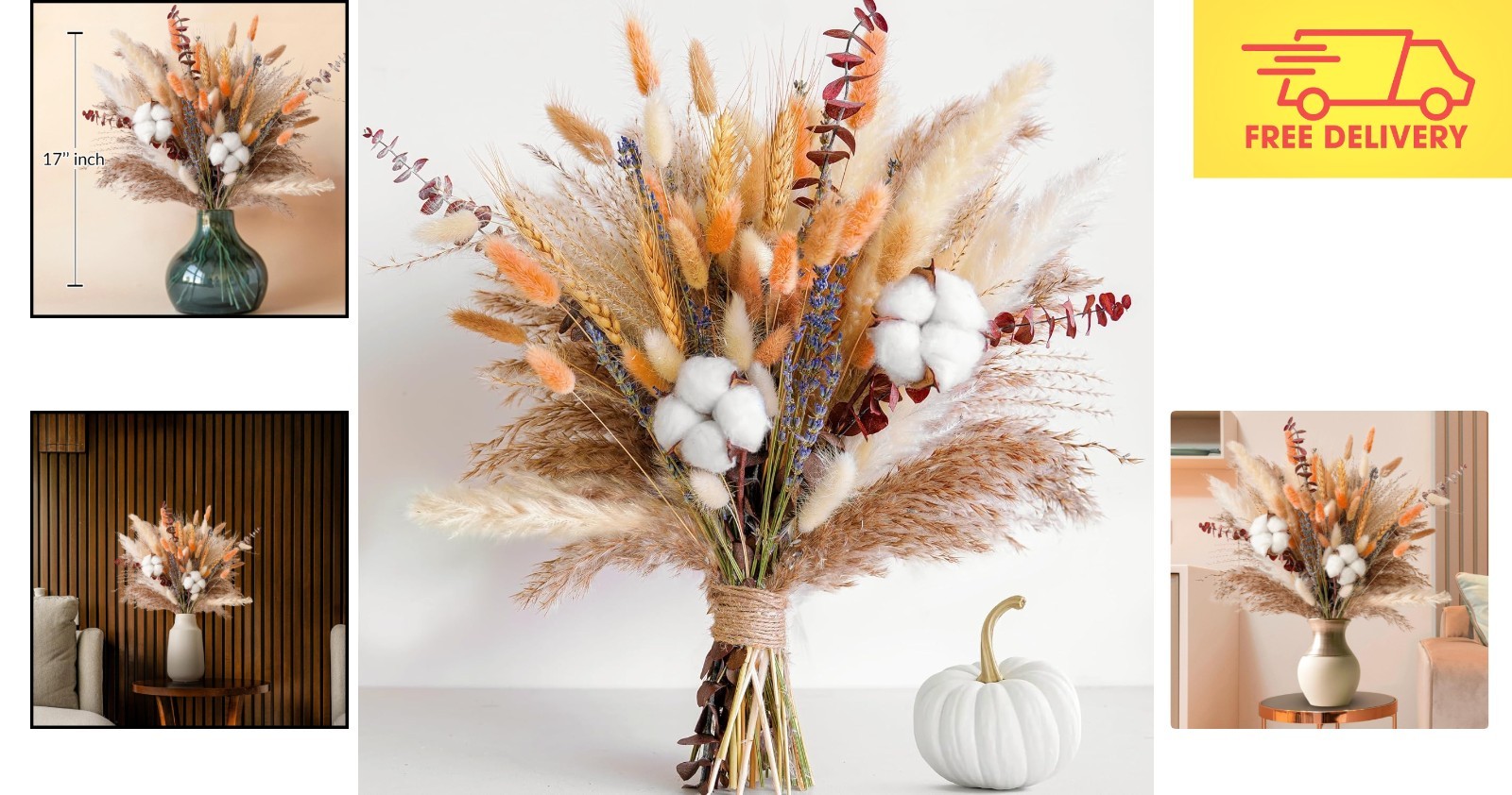 Handcrafted Dried Flower Bouquet – Autumn Decor with Orange Bunny Tails & Cotton