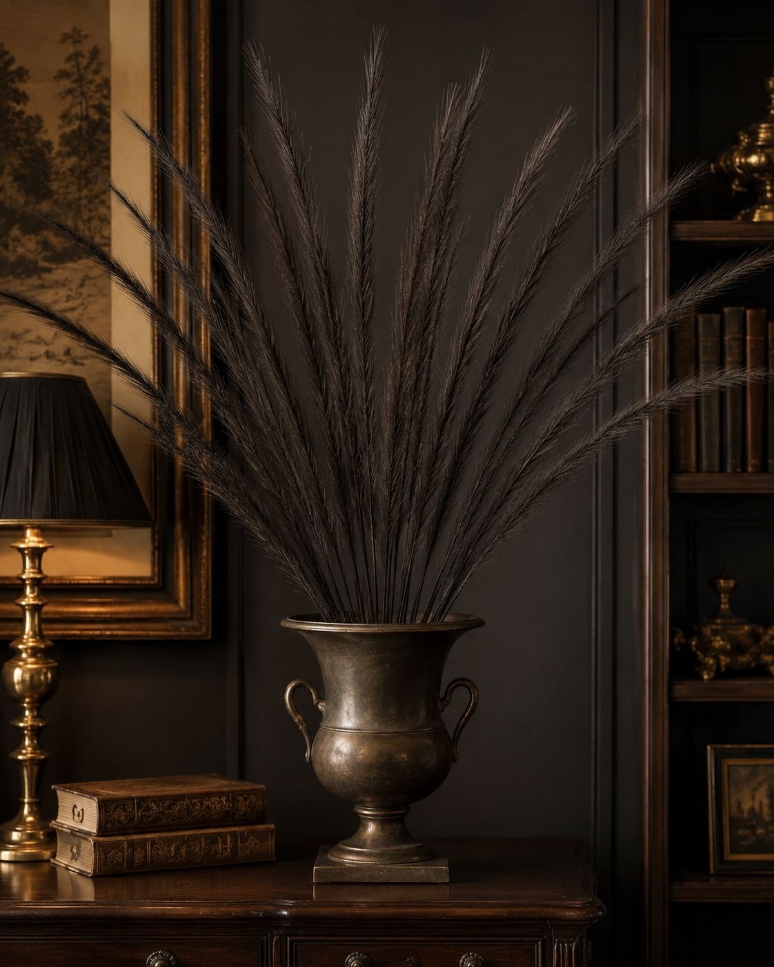 Black Pampas Grass Stems, 16 Artificial Wispy Faux Grass Stems, 31 Inch Tall Mod