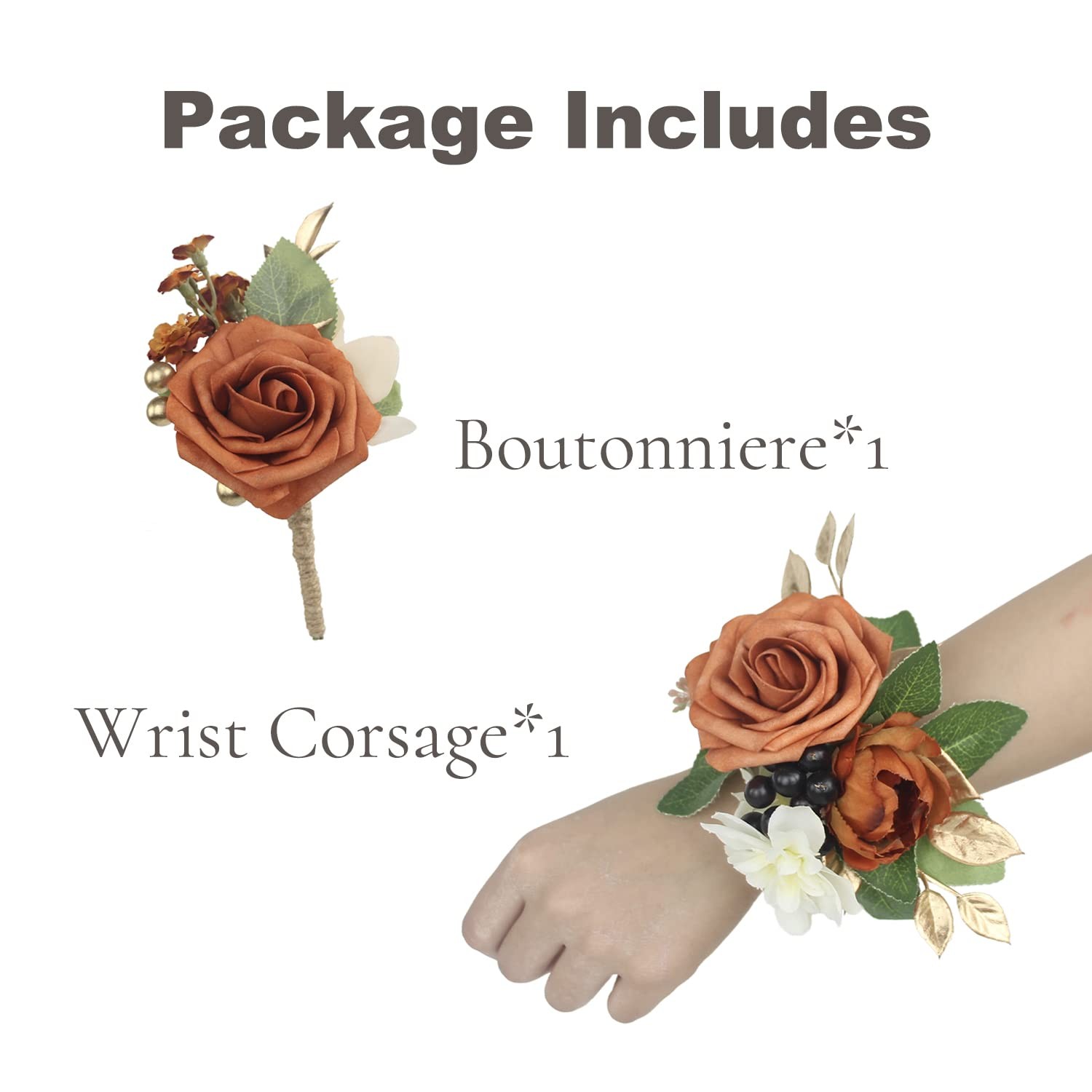 Burnt Orange Boutonniere Corsage Set Terracotta Real Touch Silk Flowers 2Piece