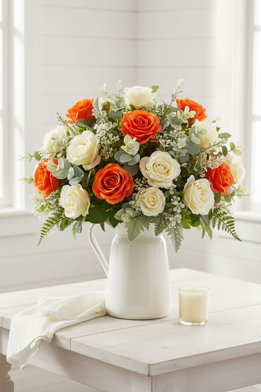 Set of 6 Artificial Orange Roses 20 Inch Faux Rose Stems Fall Floral Arrangement