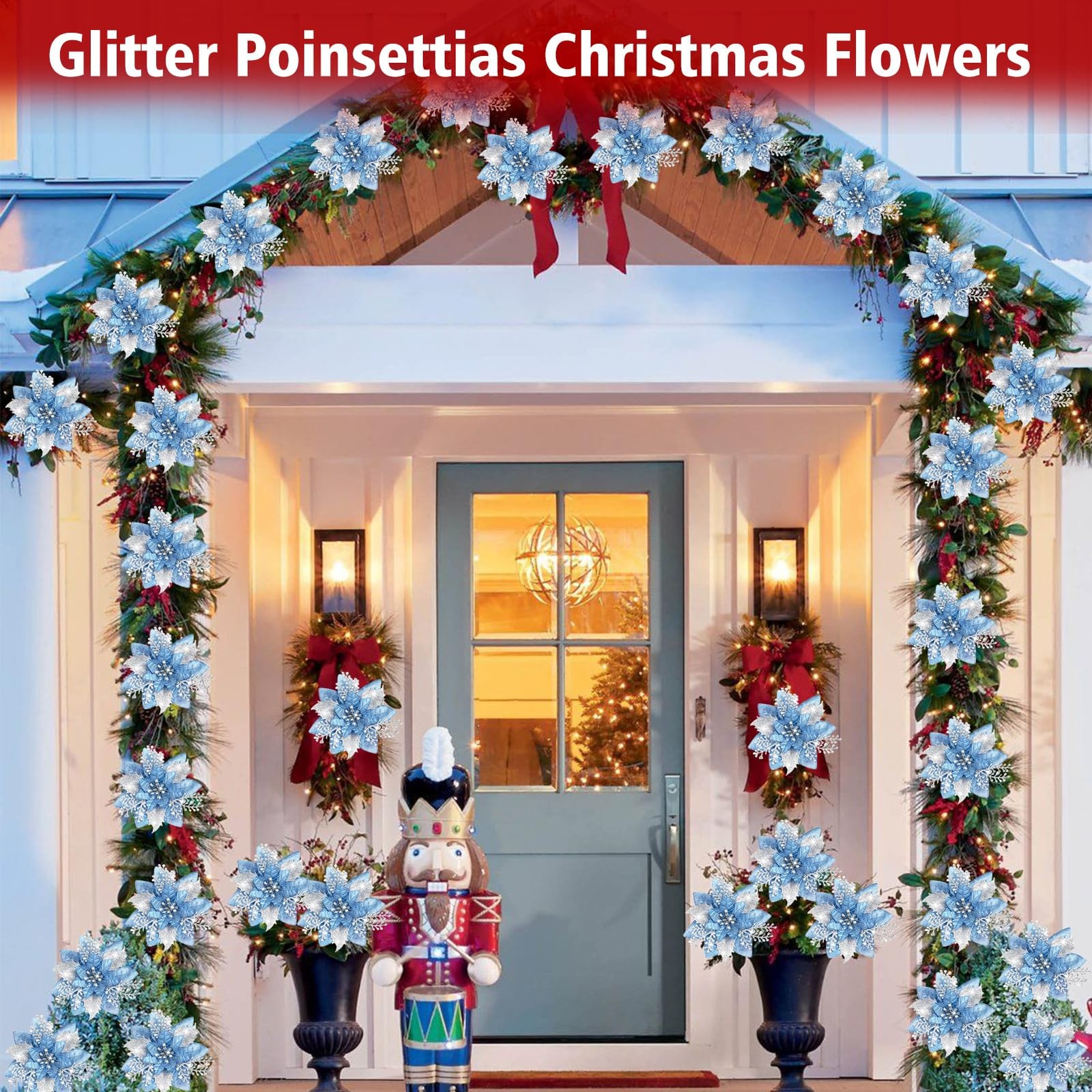 24 PCS 5.9 Inch Blue Glitter Poinsettia Flowers With Clips Xmas Wreath
