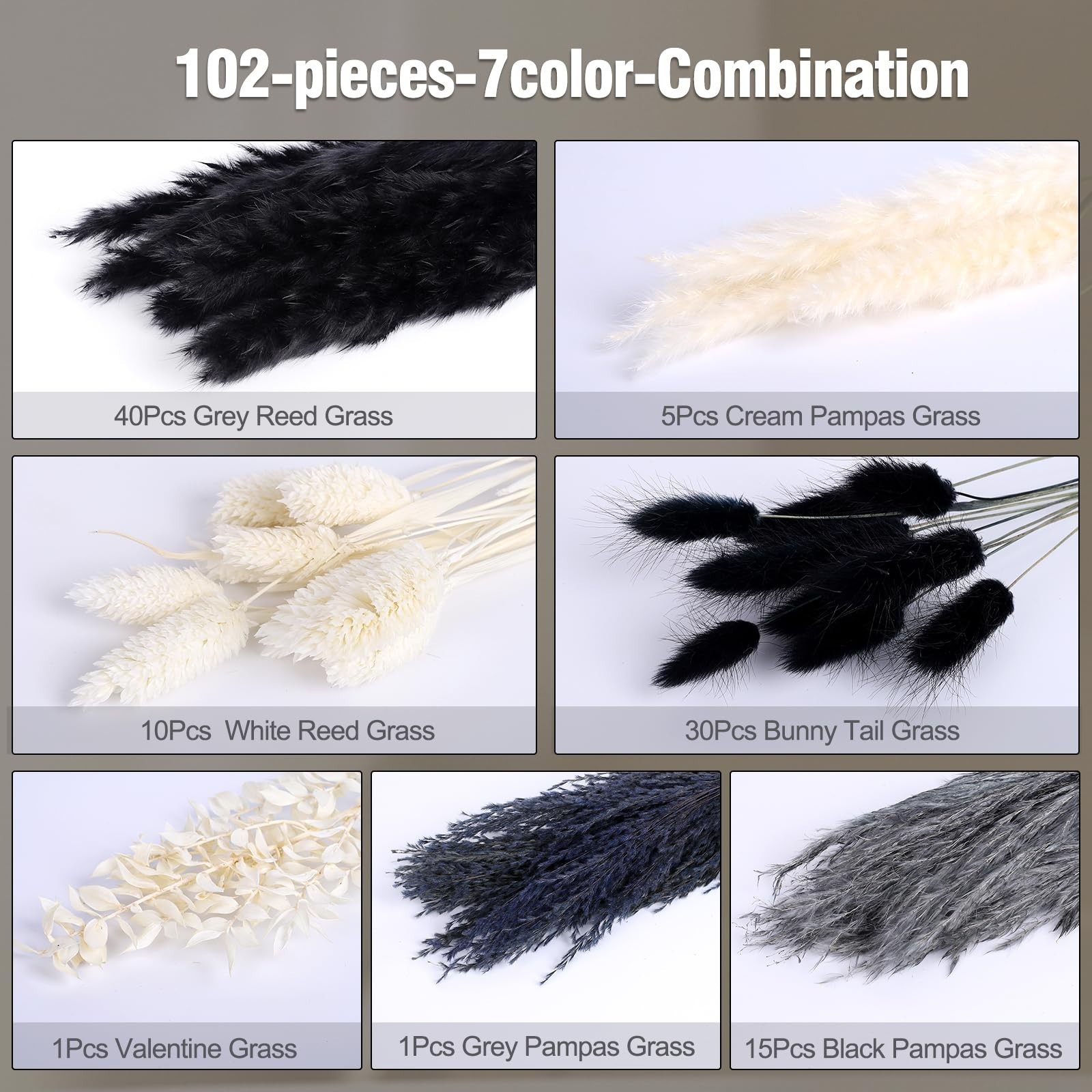 102PCS Dried Pampas Grass Bouquet – Black & White Natural Decor for Weddings, Bo