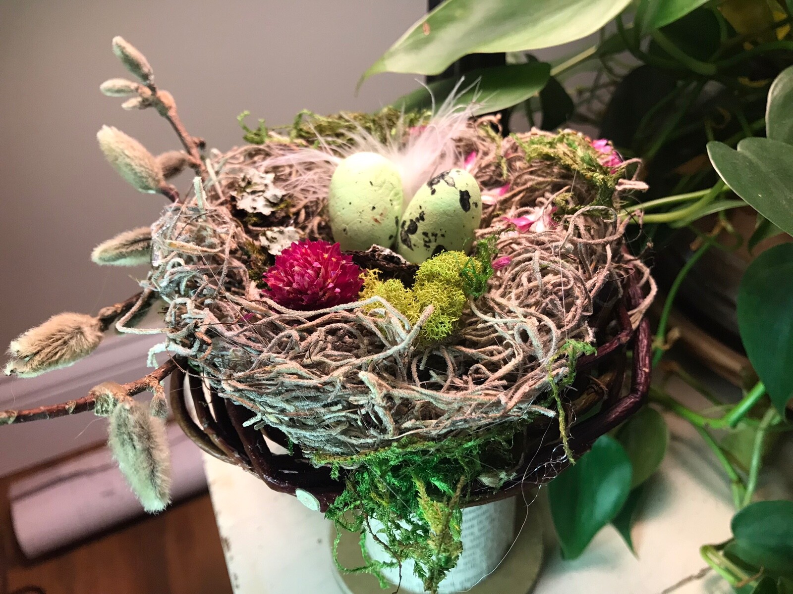 Birds nest on pedestal|Spring decor|natural & faux elements|5 1/2”