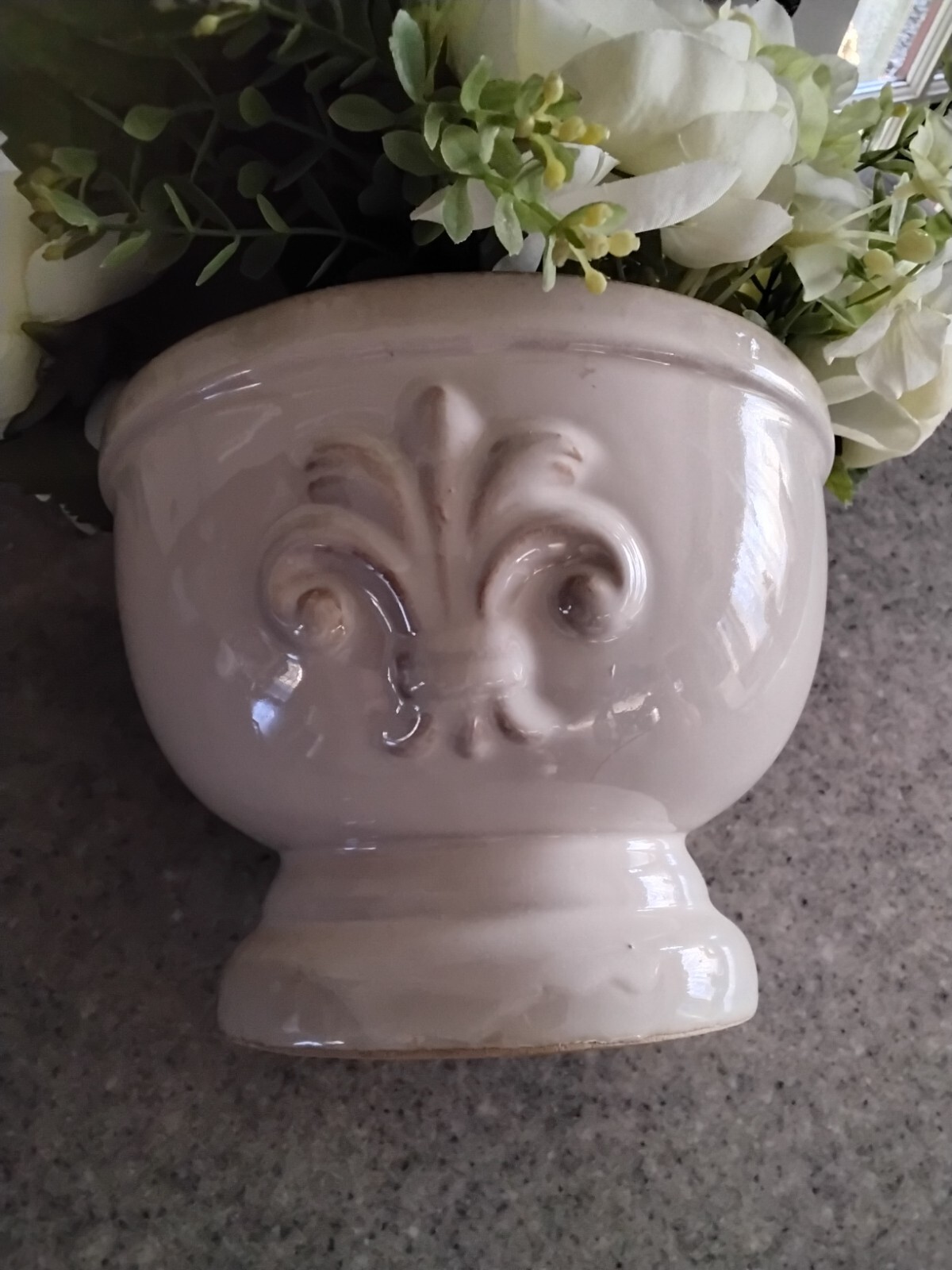 White on White Artificial Roses & Hydrangeas with Greens in Ceramic Cream Pot