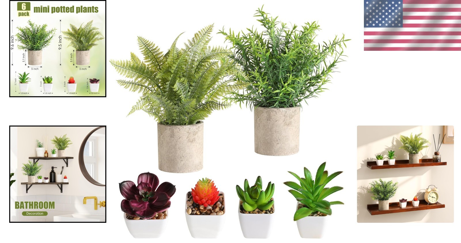 6-Count Mini Faux Plants Set – Succulents, Rosemary & Fern for Indoor Decor